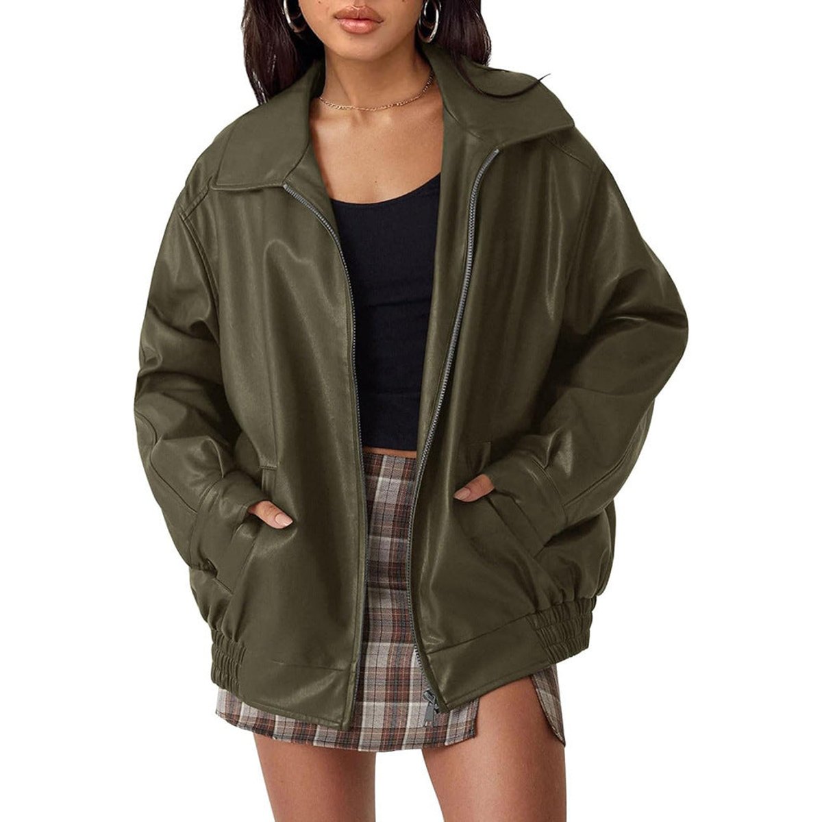 Faux Leather Zip Front Oversized Bomber Jacket 2