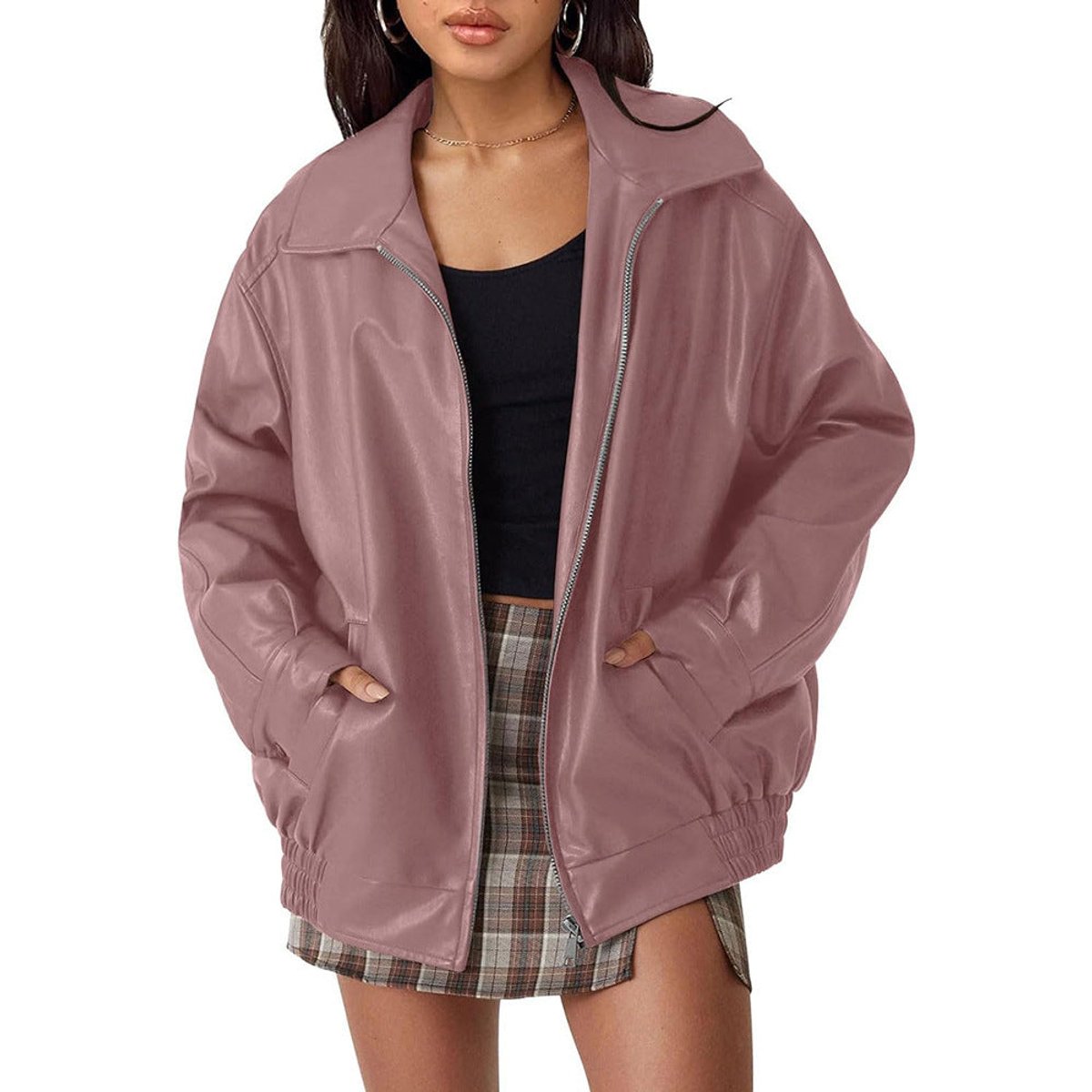 Faux Leather Zip Front Oversized Bomber Jacket 3
