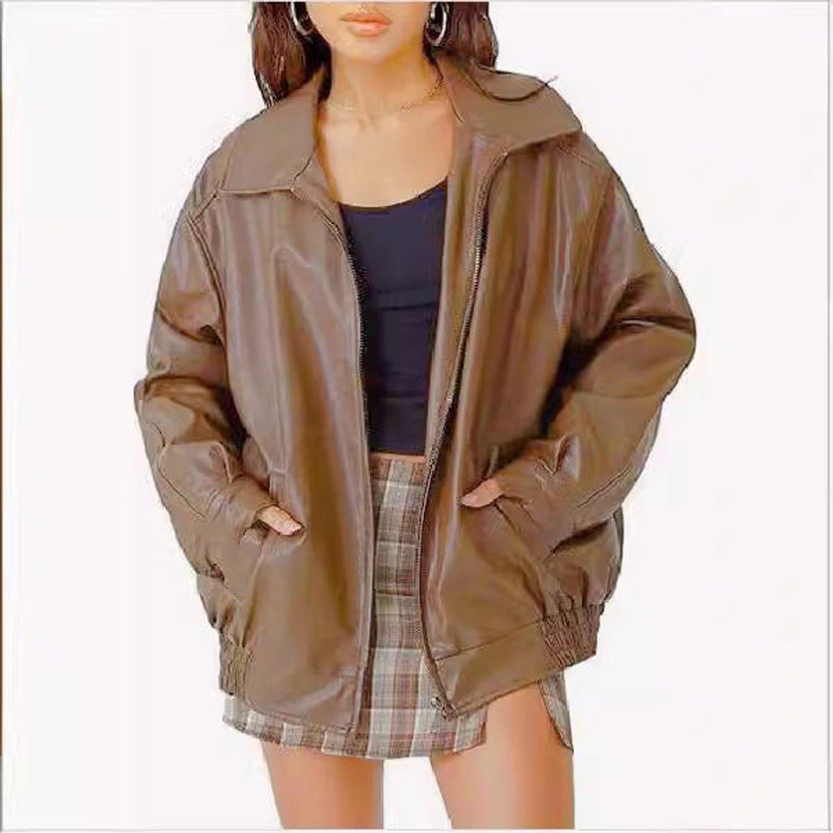 Faux Leather Zip Front Oversized Bomber Jacket 5