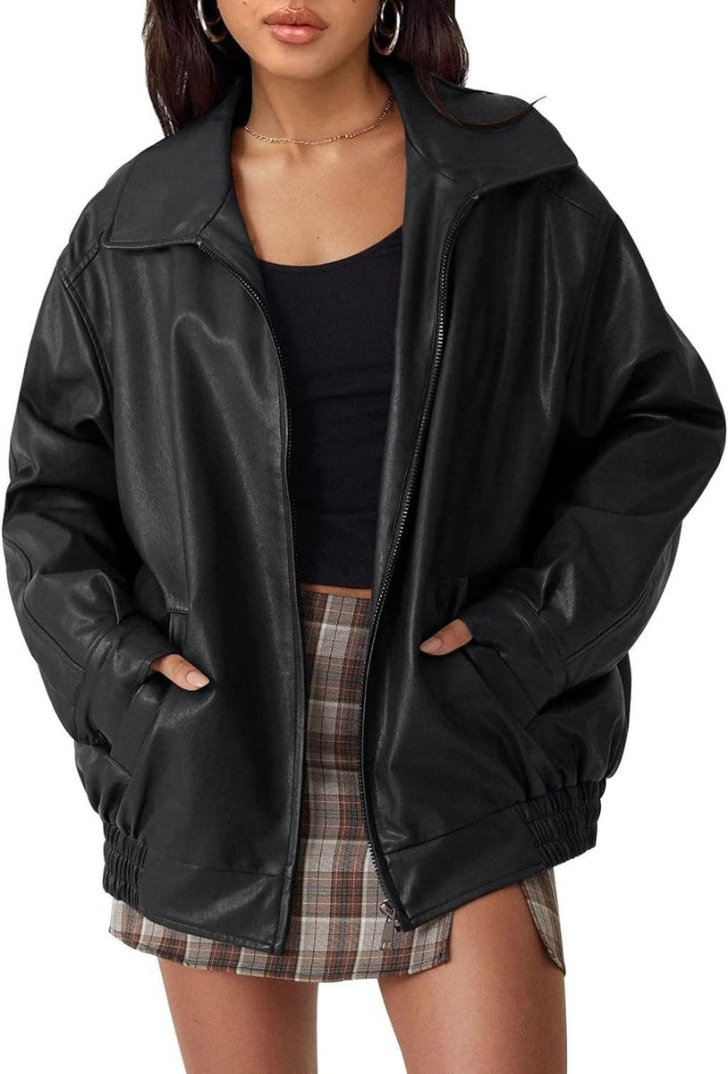 Faux Leather Zip Front Oversized Bomber Jacket 9