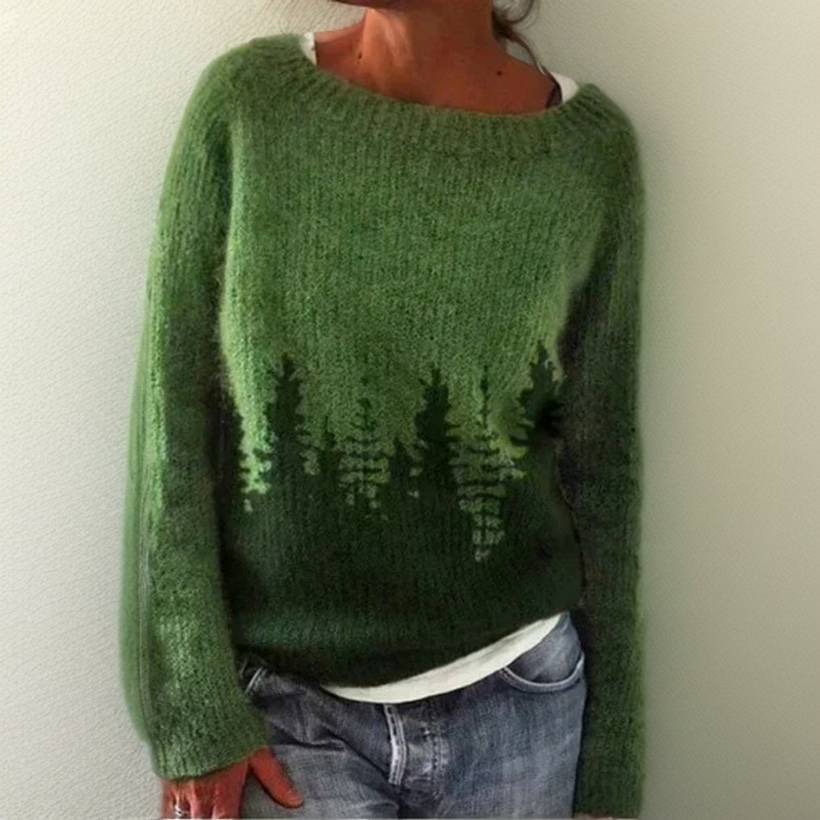 Forest Tree Print Boat Neck Oversized Knit Sweater