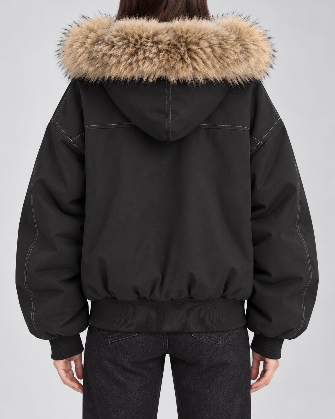 Hooded Faux Fur Trim Zip Front Bomber Jacket 2