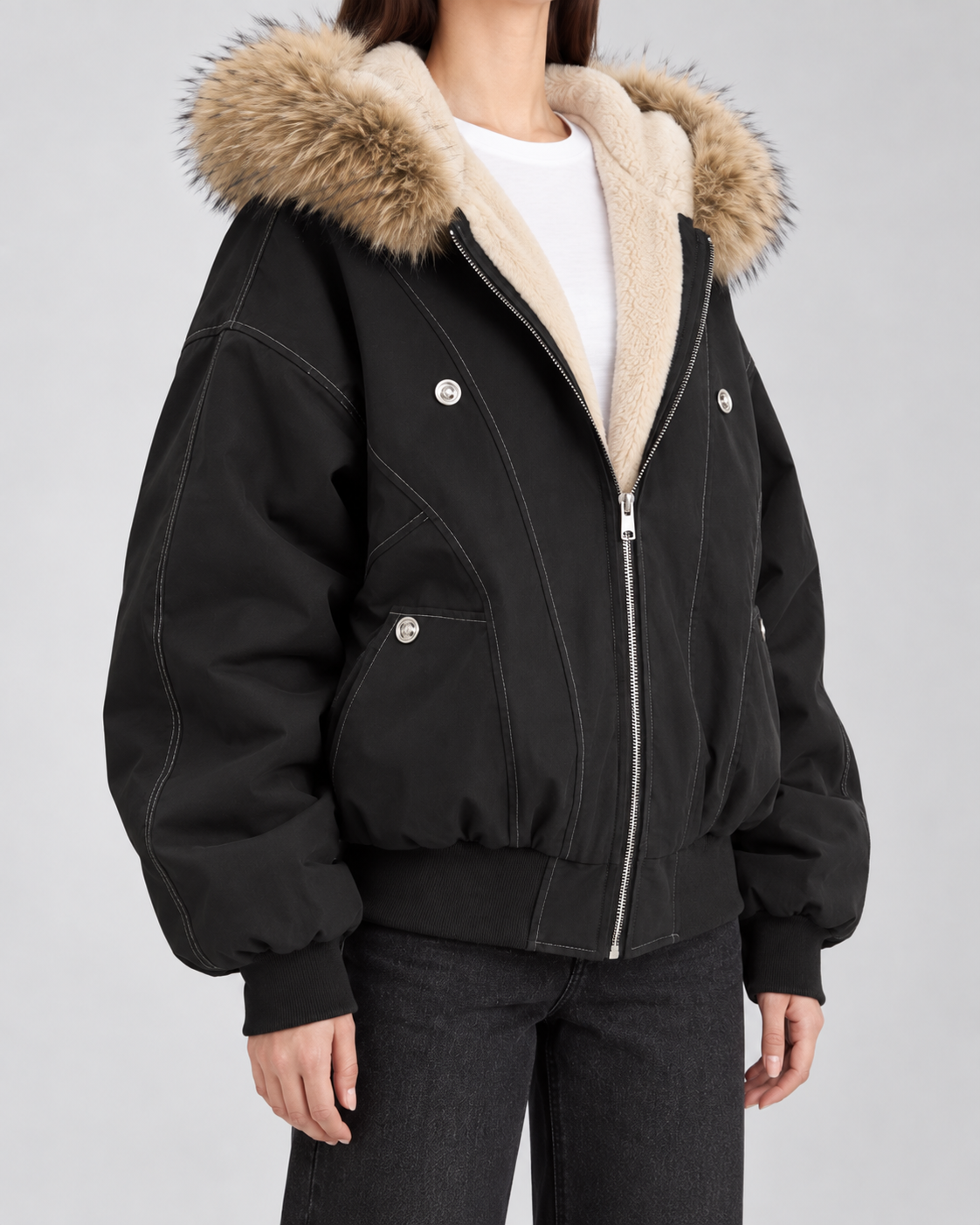 Hooded Faux Fur Trim Zip Front Bomber Jacket 3