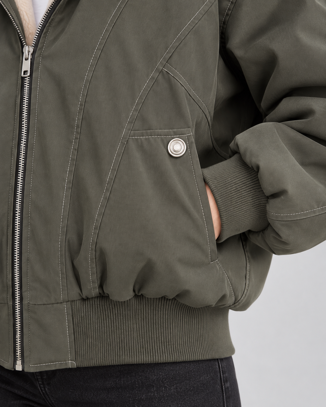 Hooded Faux Fur Trim Zip Front Bomber Jacket 5