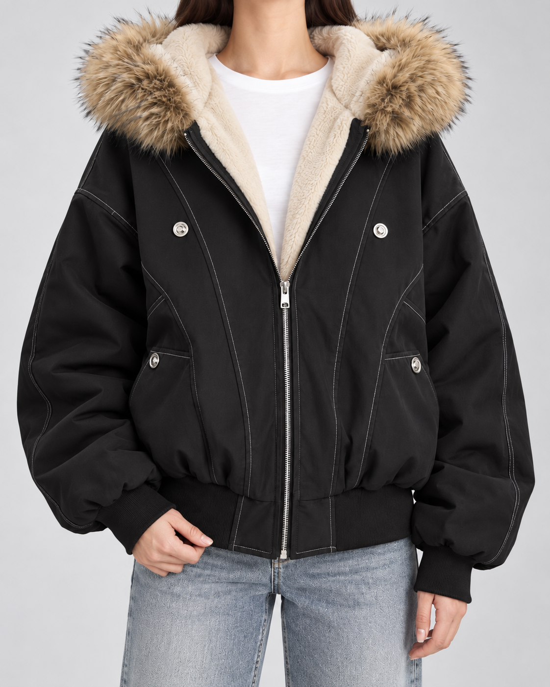 Hooded Faux Fur Trim Zip Front Bomber Jacket