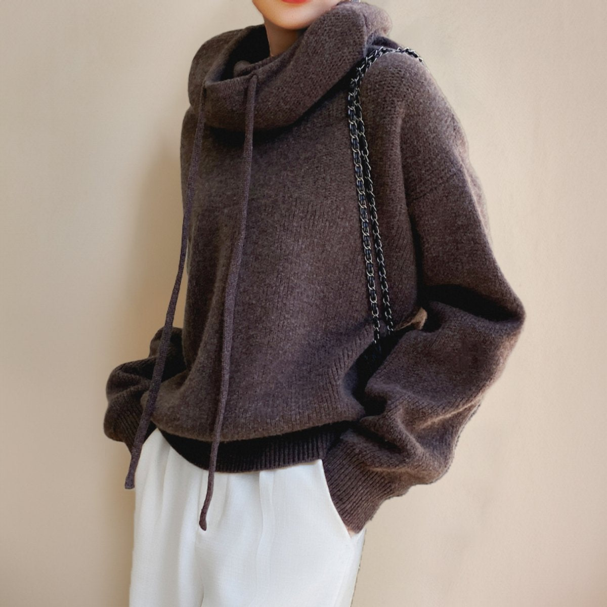 Hooded Drawstring Oversized Long Sleeve Knit Sweater 6