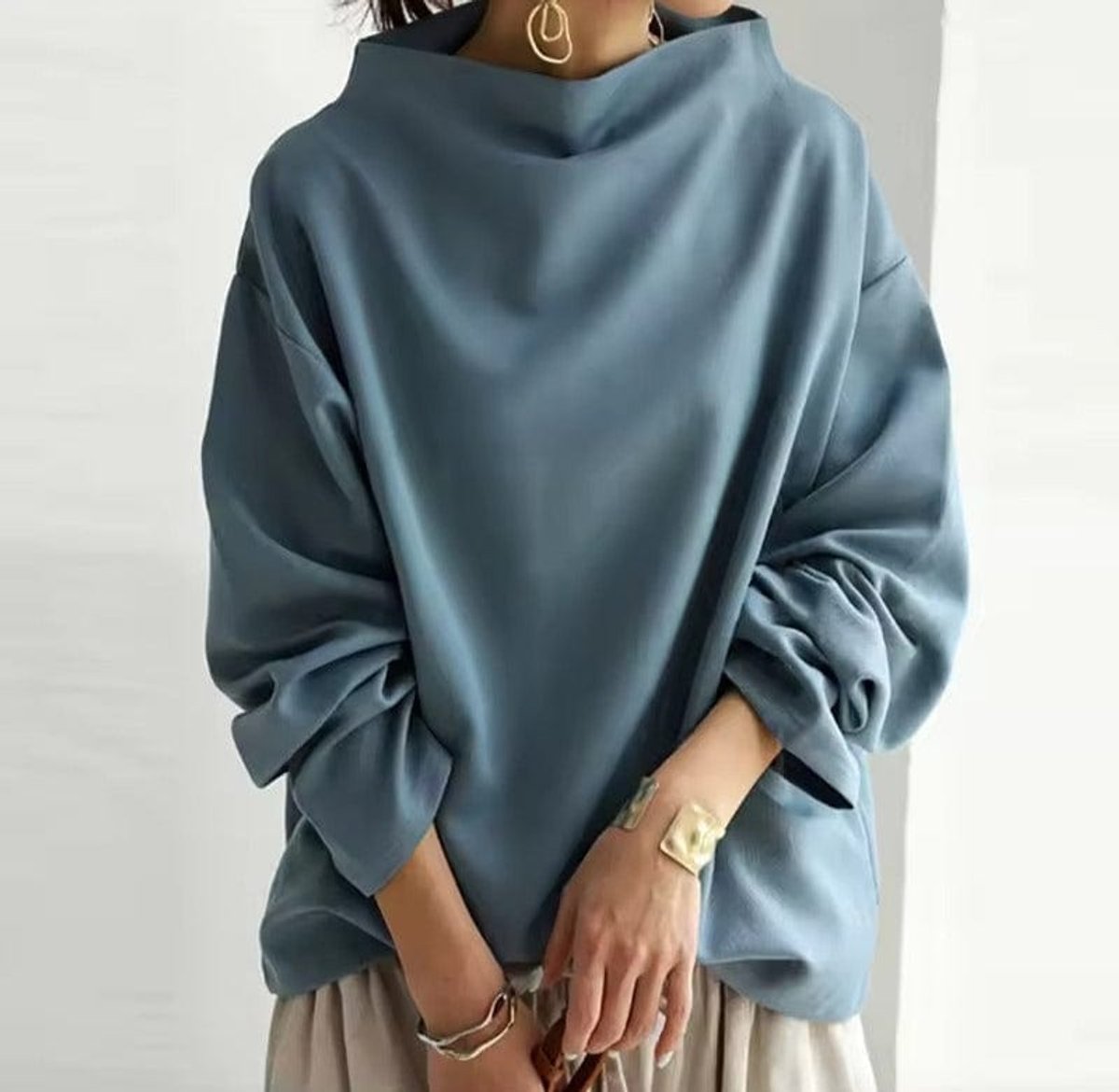 Mock Neck Drop Shoulder Long Sleeve Loose Top 3