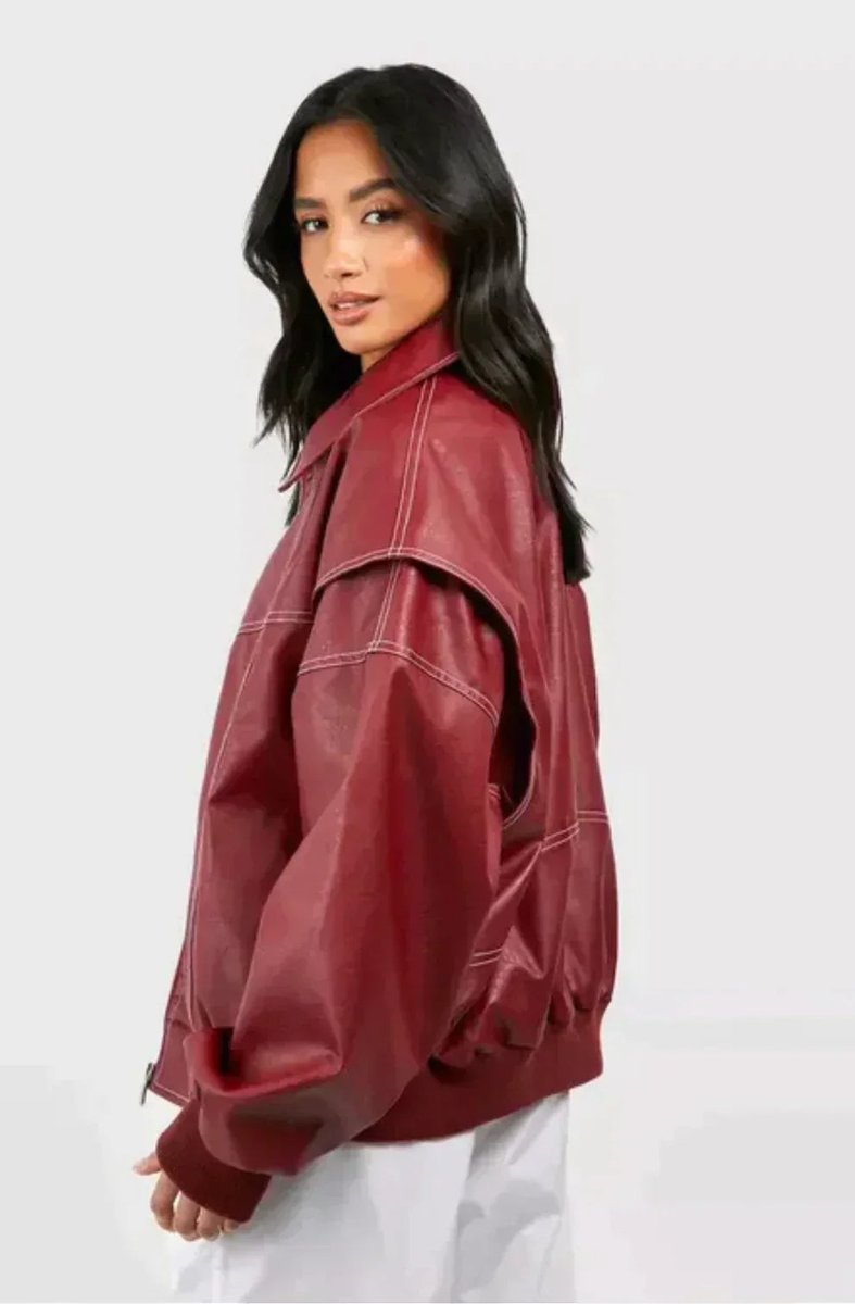 Oversized Contrast Stitch Zip Front Bomber Jacket 6