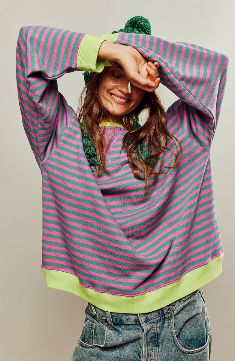 Striped Boat Neck Long Sleeve Oversized Pullover Sweater 2
