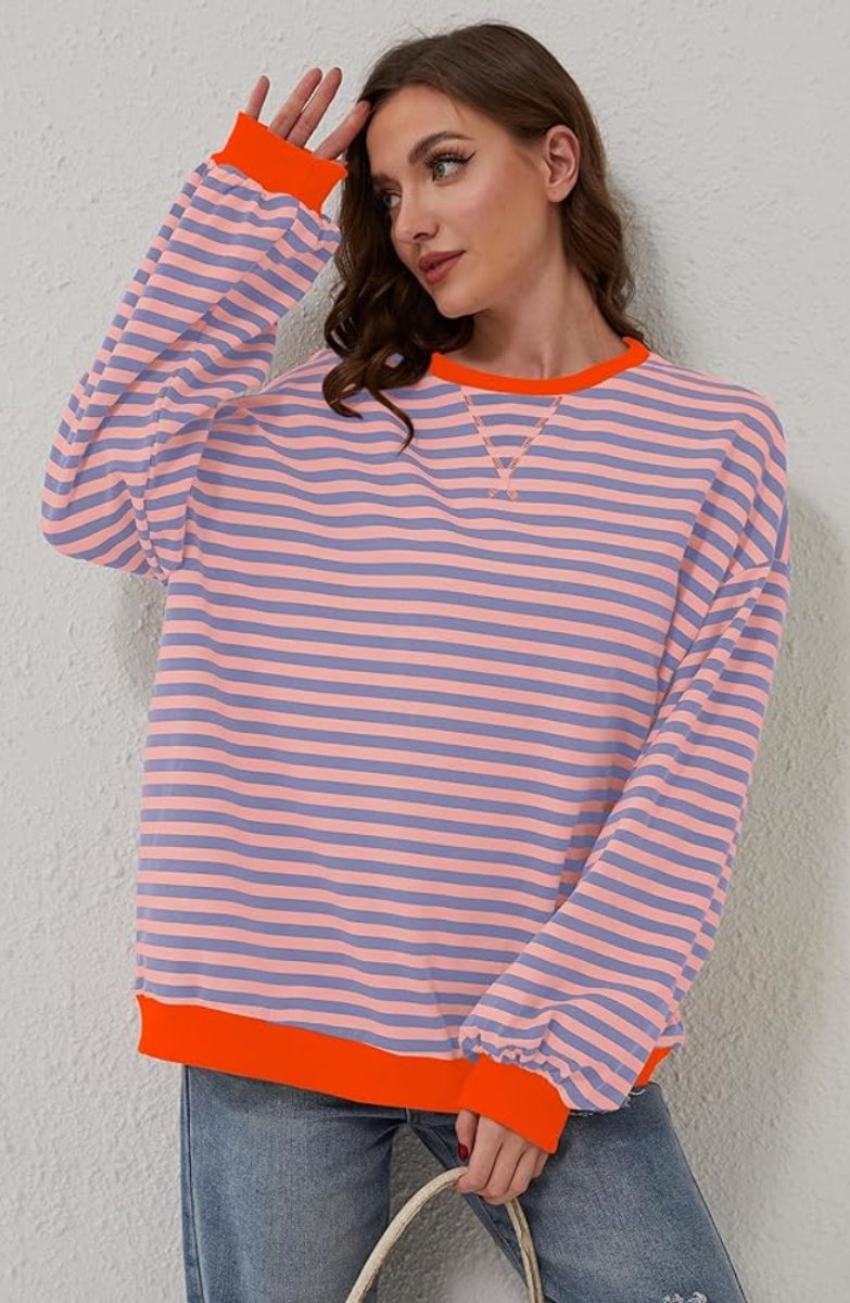 Striped Boat Neck Long Sleeve Oversized Pullover Sweater 3
