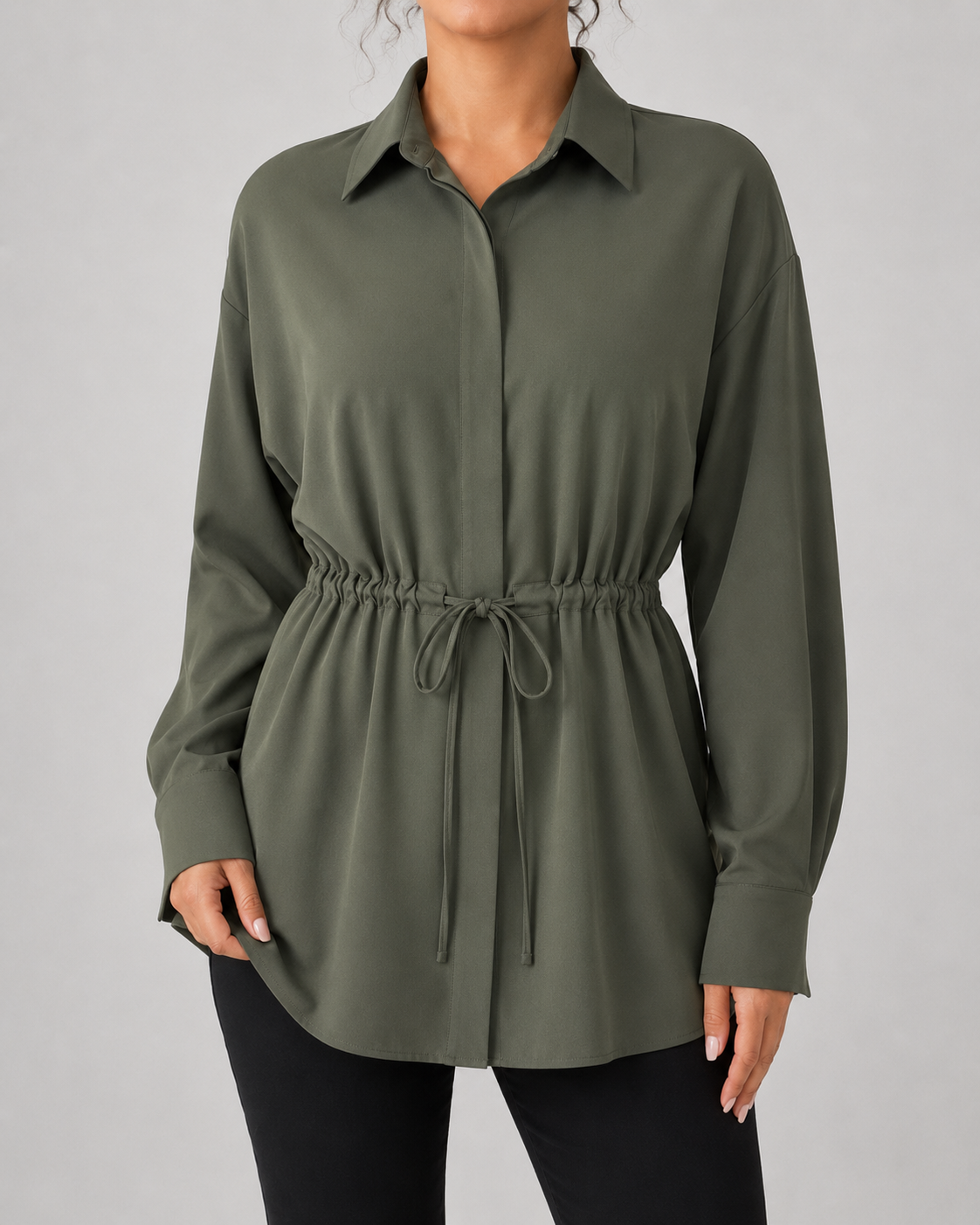 Collared Long Sleeve Drawstring Waist Oversized Longline Shirt 10