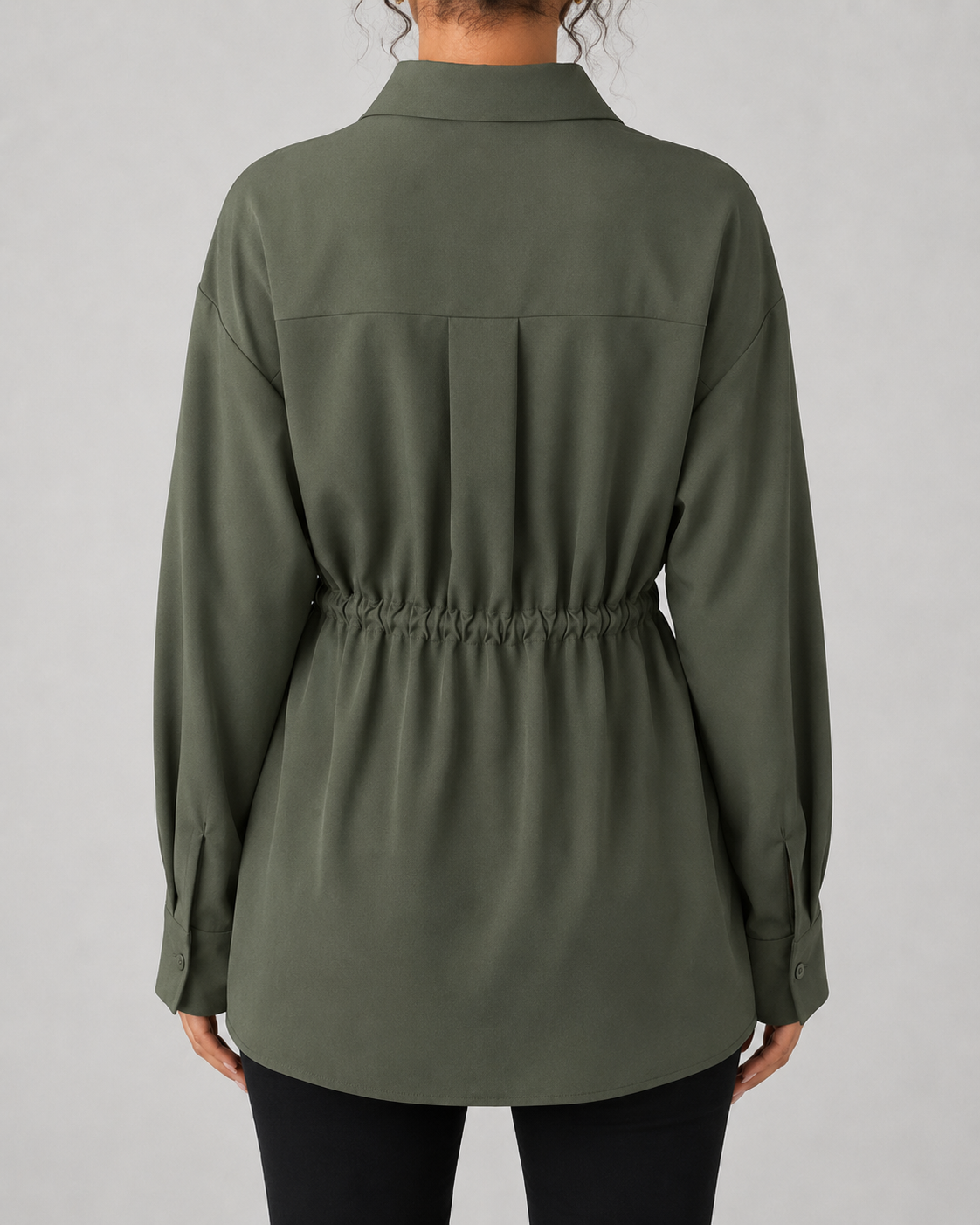 Collared Long Sleeve Drawstring Waist Oversized Longline Shirt 6