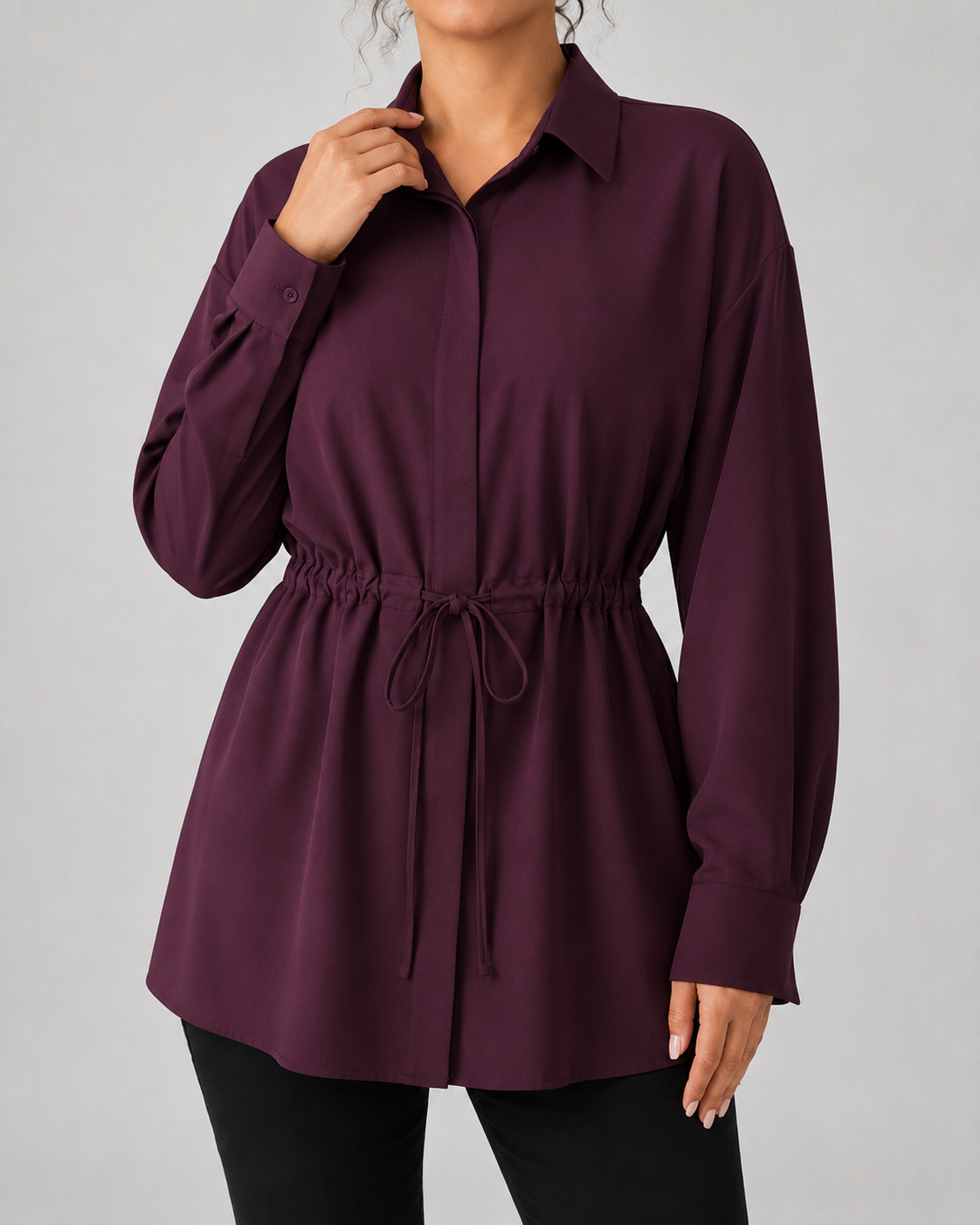Collared Long Sleeve Drawstring Waist Oversized Longline Shirt 8