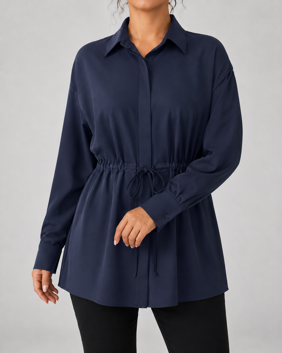 Collared Long Sleeve Drawstring Waist Oversized Longline Shirt 9