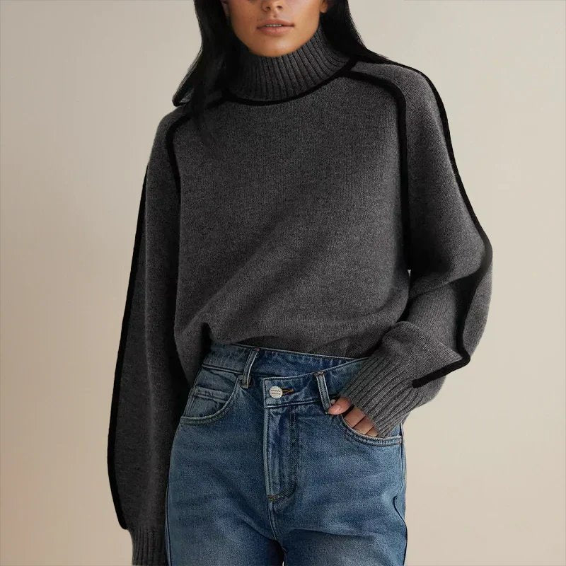 Turtleneck Long Sleeve Contrast Piping Oversized Sweater