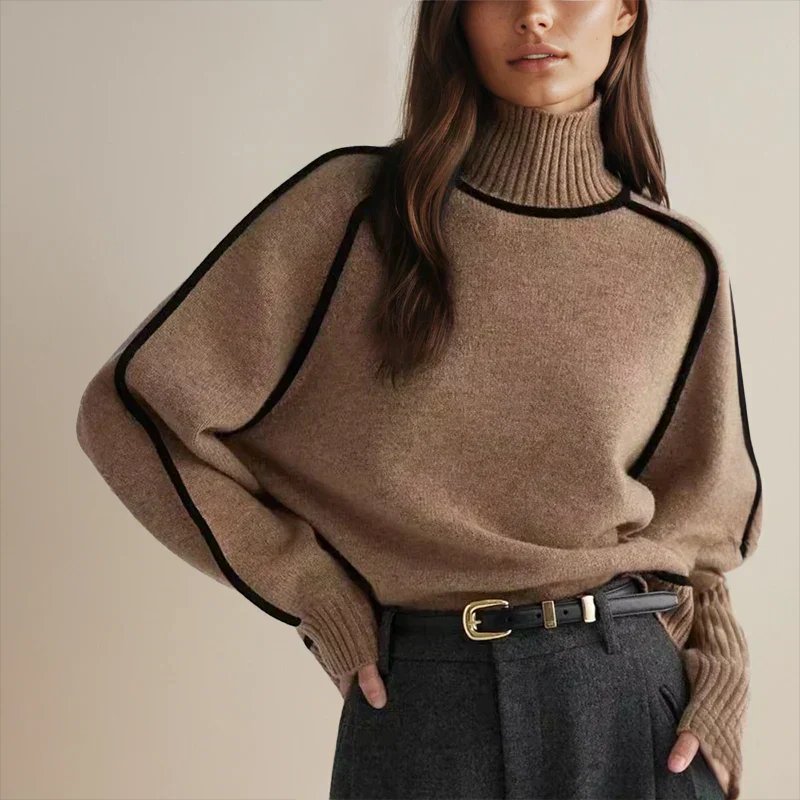 Turtleneck Long Sleeve Contrast Piping Oversized Sweater 2