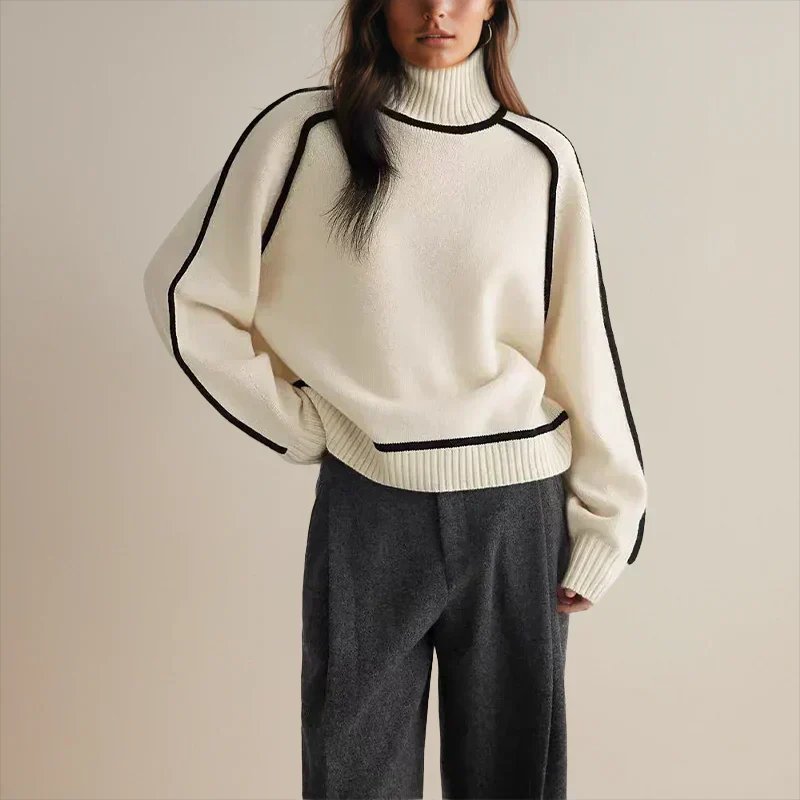 Turtleneck Long Sleeve Contrast Piping Oversized Sweater 3