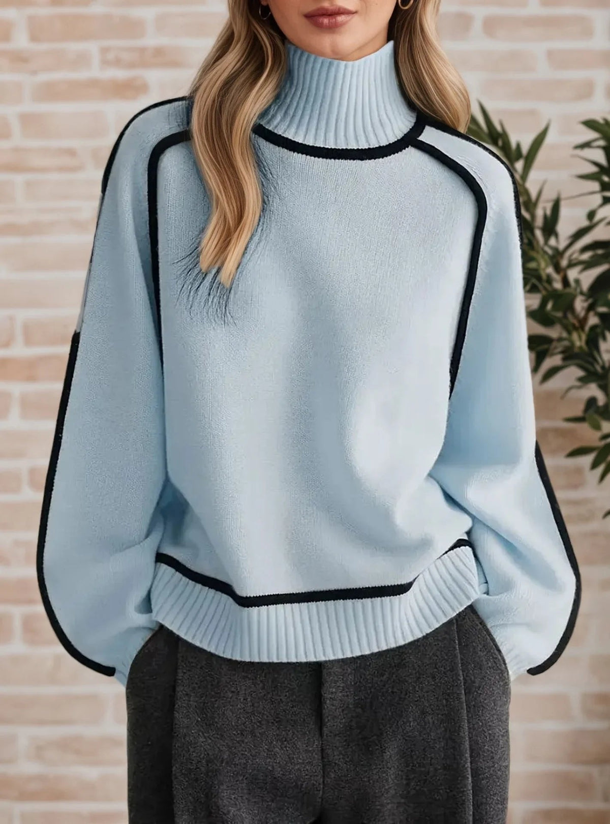 Turtleneck Long Sleeve Contrast Piping Oversized Sweater 4