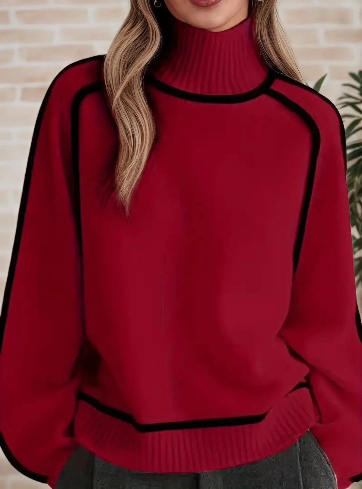 Turtleneck Long Sleeve Contrast Piping Oversized Sweater 5