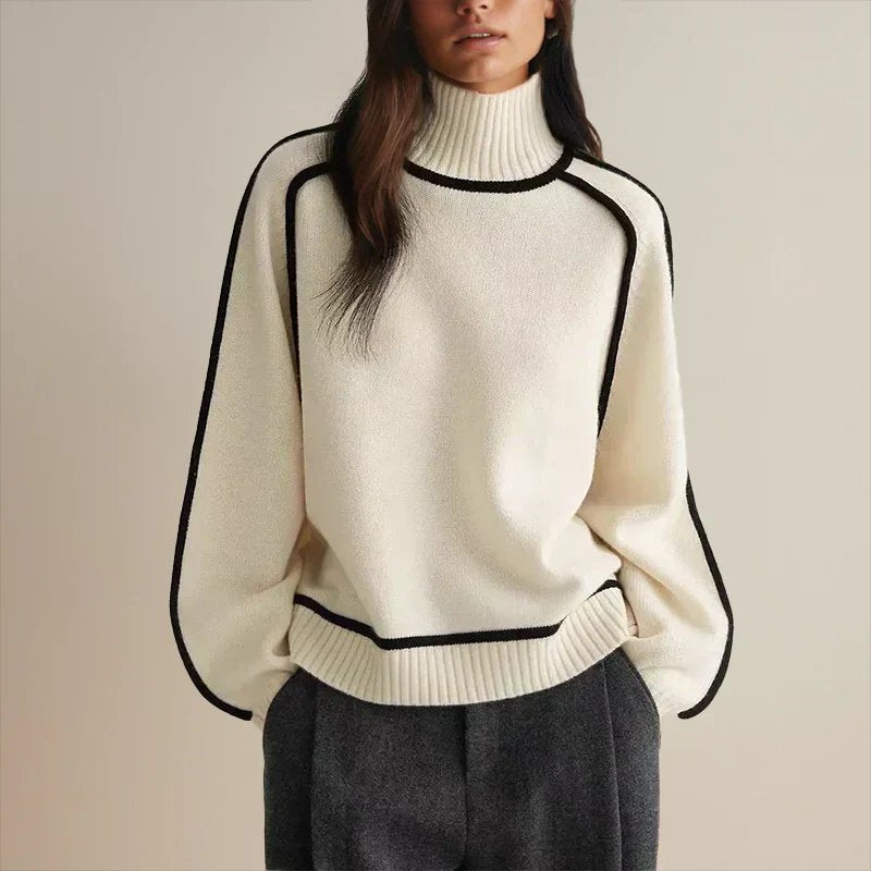 Turtleneck Long Sleeve Contrast Piping Oversized Sweater 8