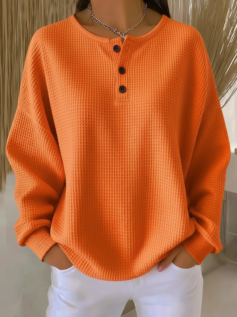 Drop Shoulder Long Sleeve Waffle Knit Button Placket Pullover 2