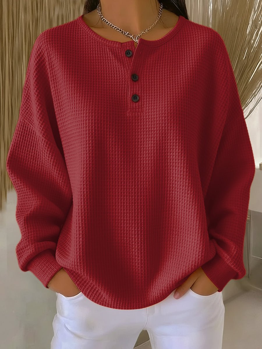 Drop Shoulder Long Sleeve Waffle Knit Button Placket Pullover 4