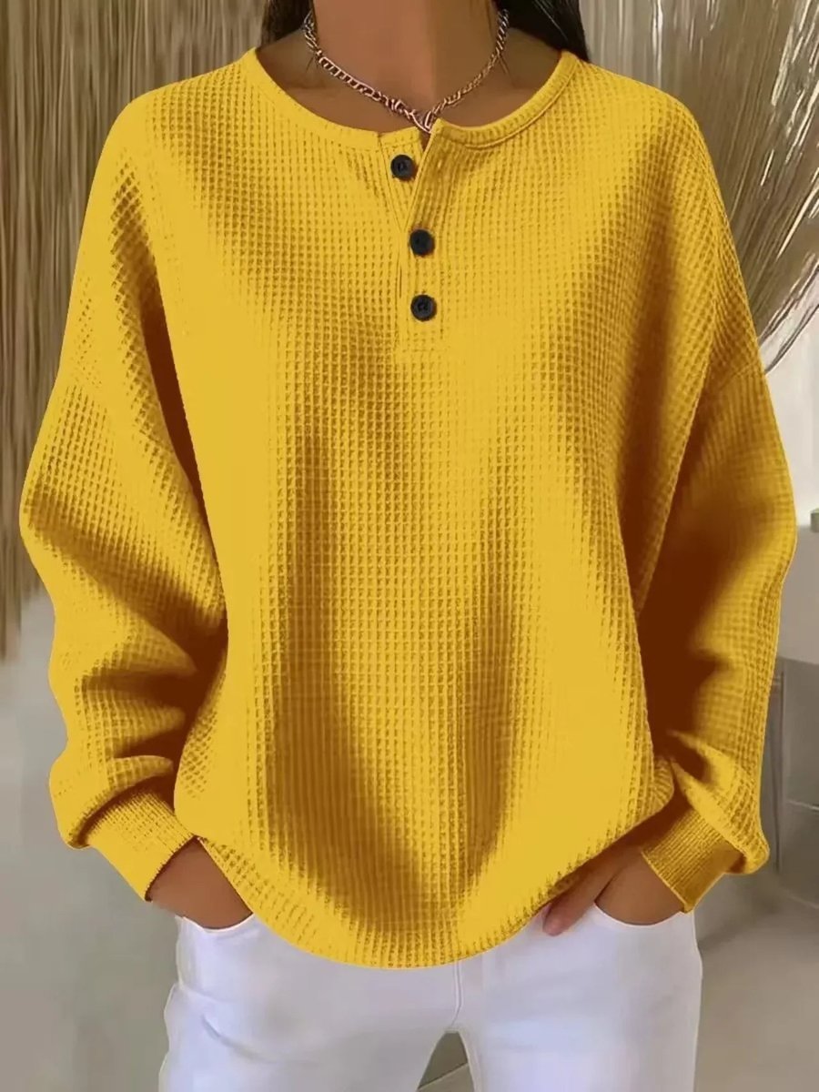 Drop Shoulder Long Sleeve Waffle Knit Button Placket Pullover 6