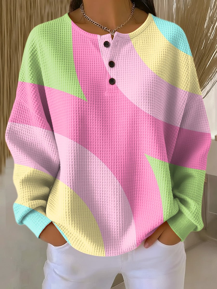 Color Block Waffle Knit Button Placket Long Sleeve Henley Sweater