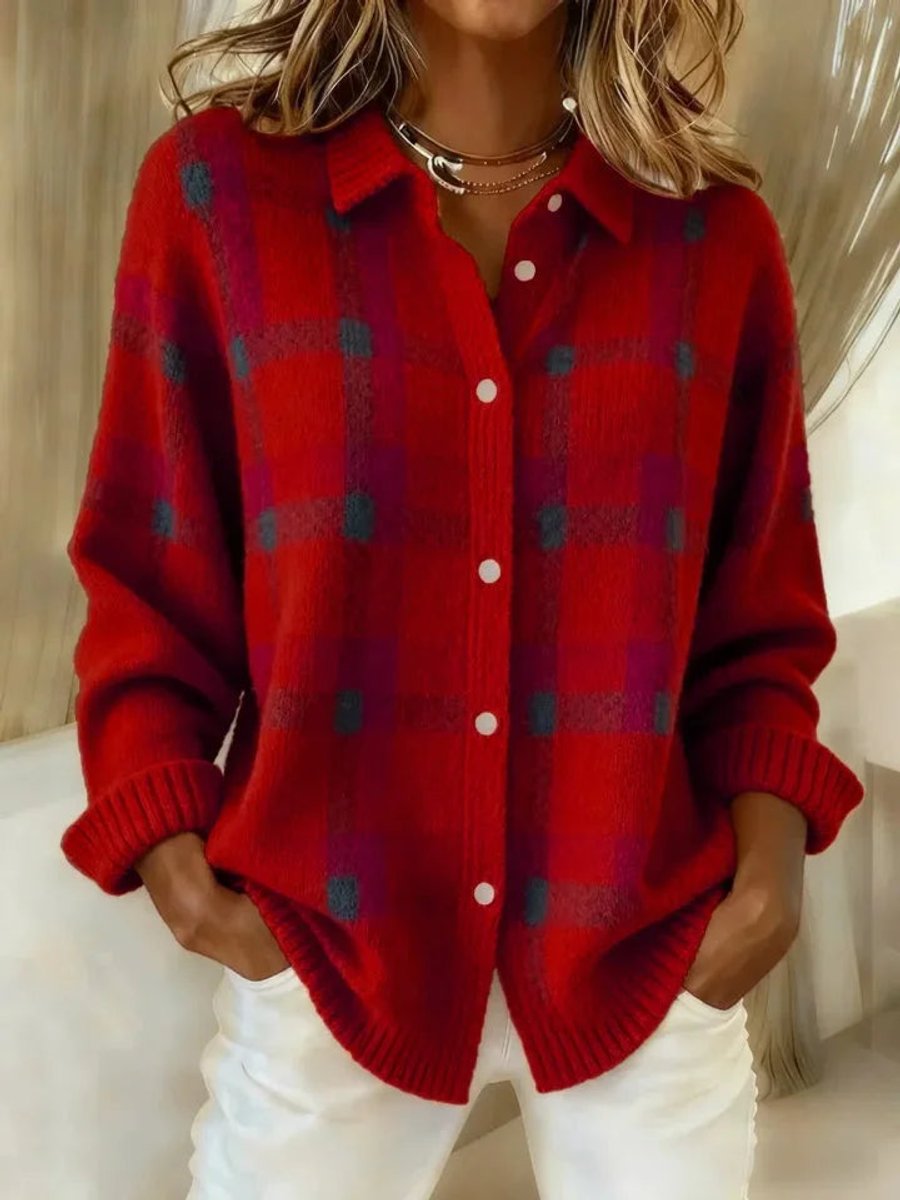 Collared Button Front Plaid Knit Shirt Jacket 2
