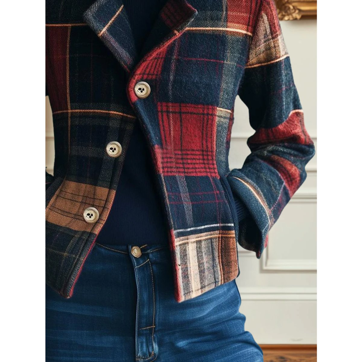 Plaid Notch Lapel Double Breasted Cropped Wool Look Jacket 3