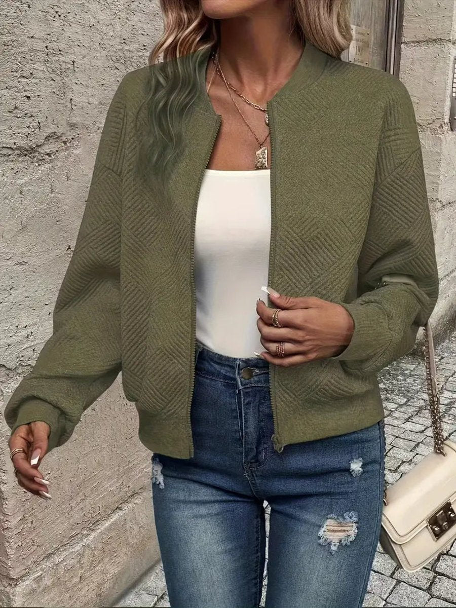 Textured Zip Front Long Sleeve Bomber Jacket 10
