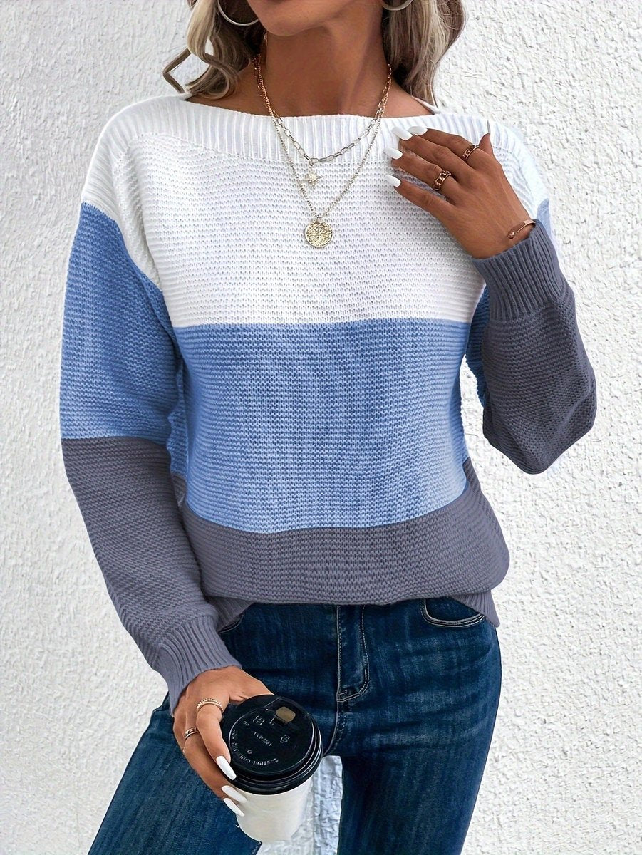 Boat Neck Color Block Ribbed Knit Sweater 4