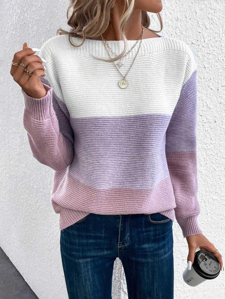 Boat Neck Color Block Ribbed Knit Sweater 8