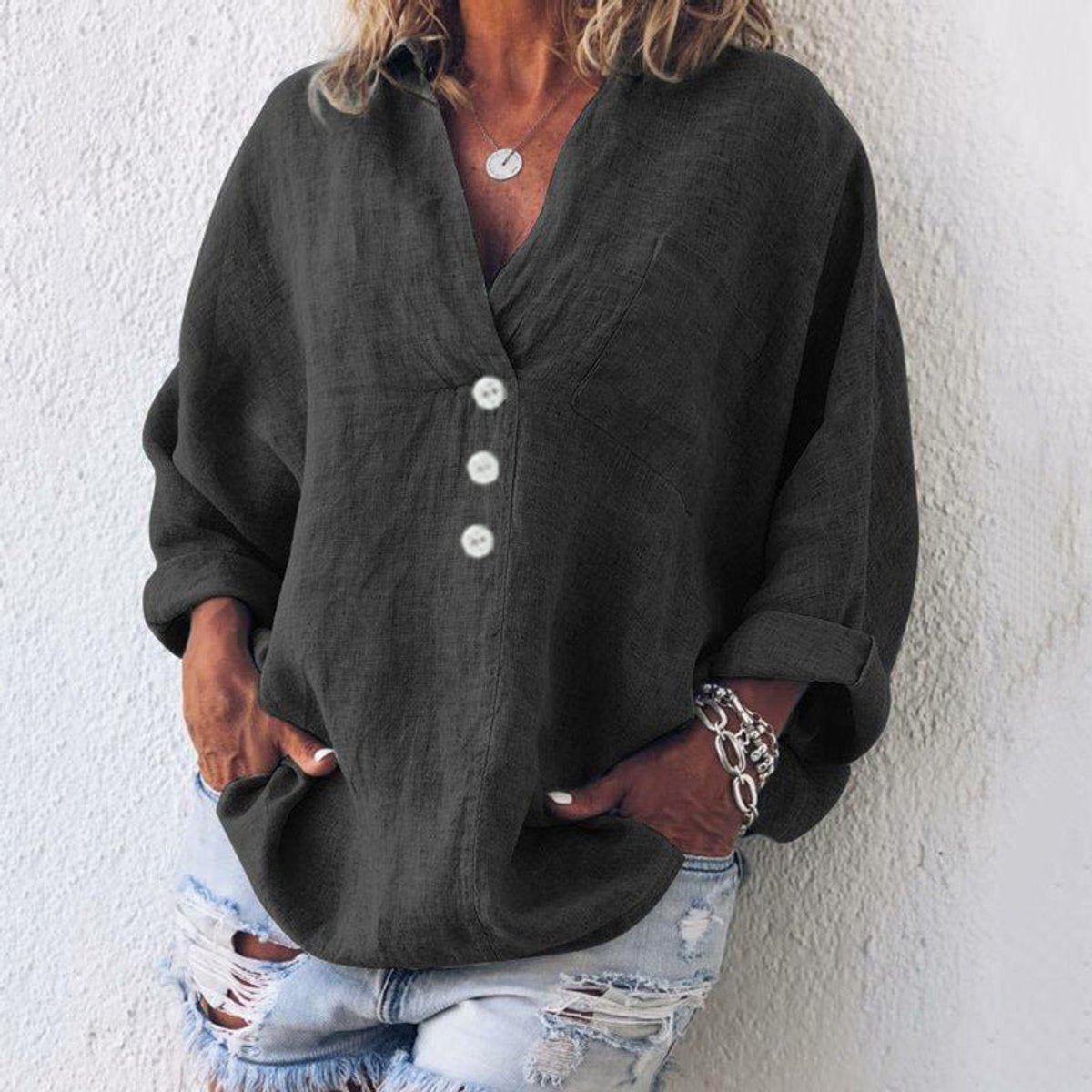 Linen Look V-Neck Long Sleeve Button Placket Relaxed Shirt 3