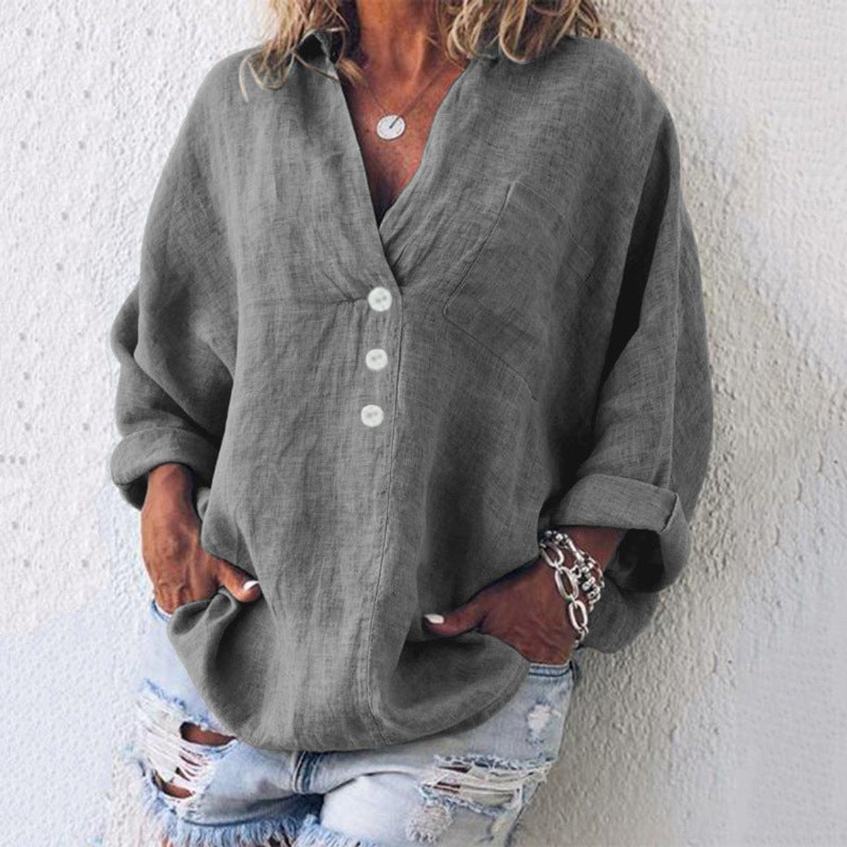 Linen Look V-Neck Long Sleeve Button Placket Relaxed Shirt 4