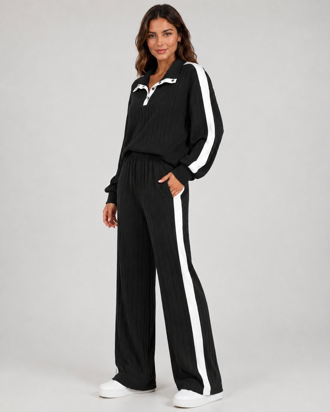 Ribbed Polo Collar Top and Side Stripe Wide Leg Pants Two Piece Set 5