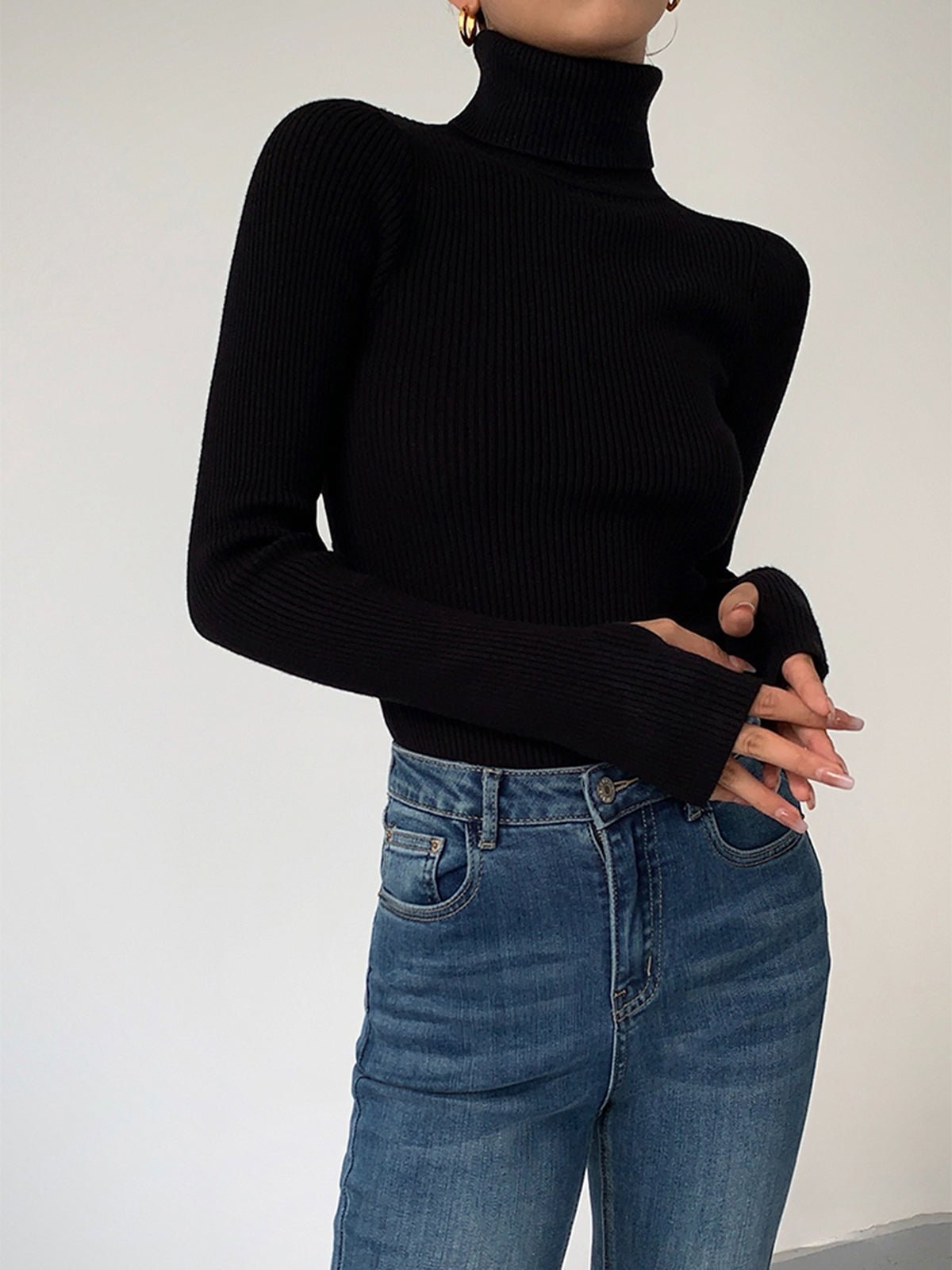 Ribbed Turtleneck Long Sleeve Slim Knit Sweater 6