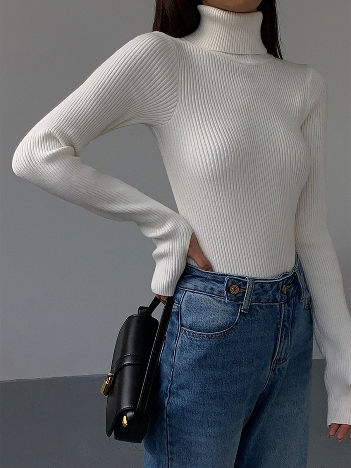 Ribbed Turtleneck Long Sleeve Slim Knit Sweater 9