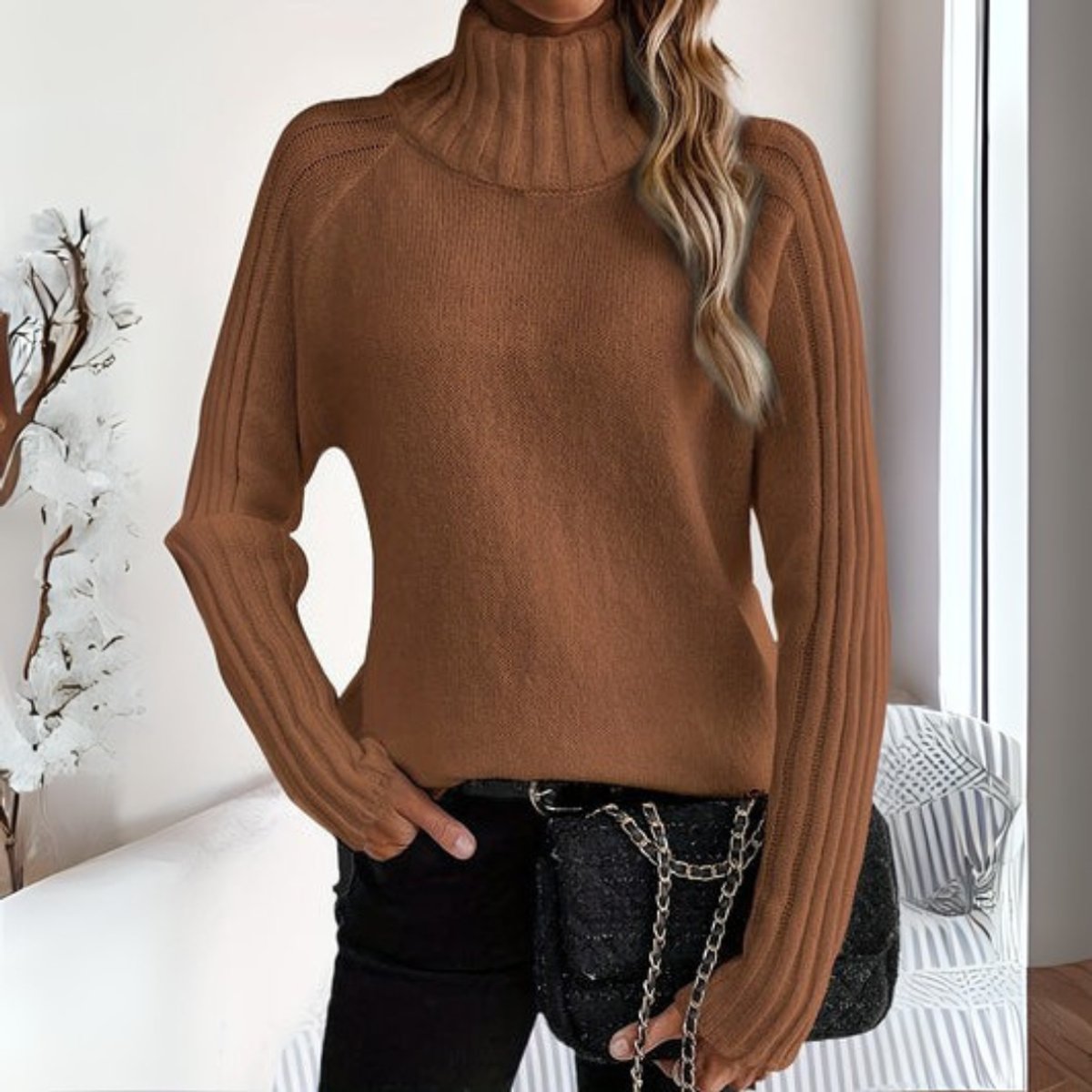 Turtleneck Raglan Sleeve Ribbed Pullover Sweater 2