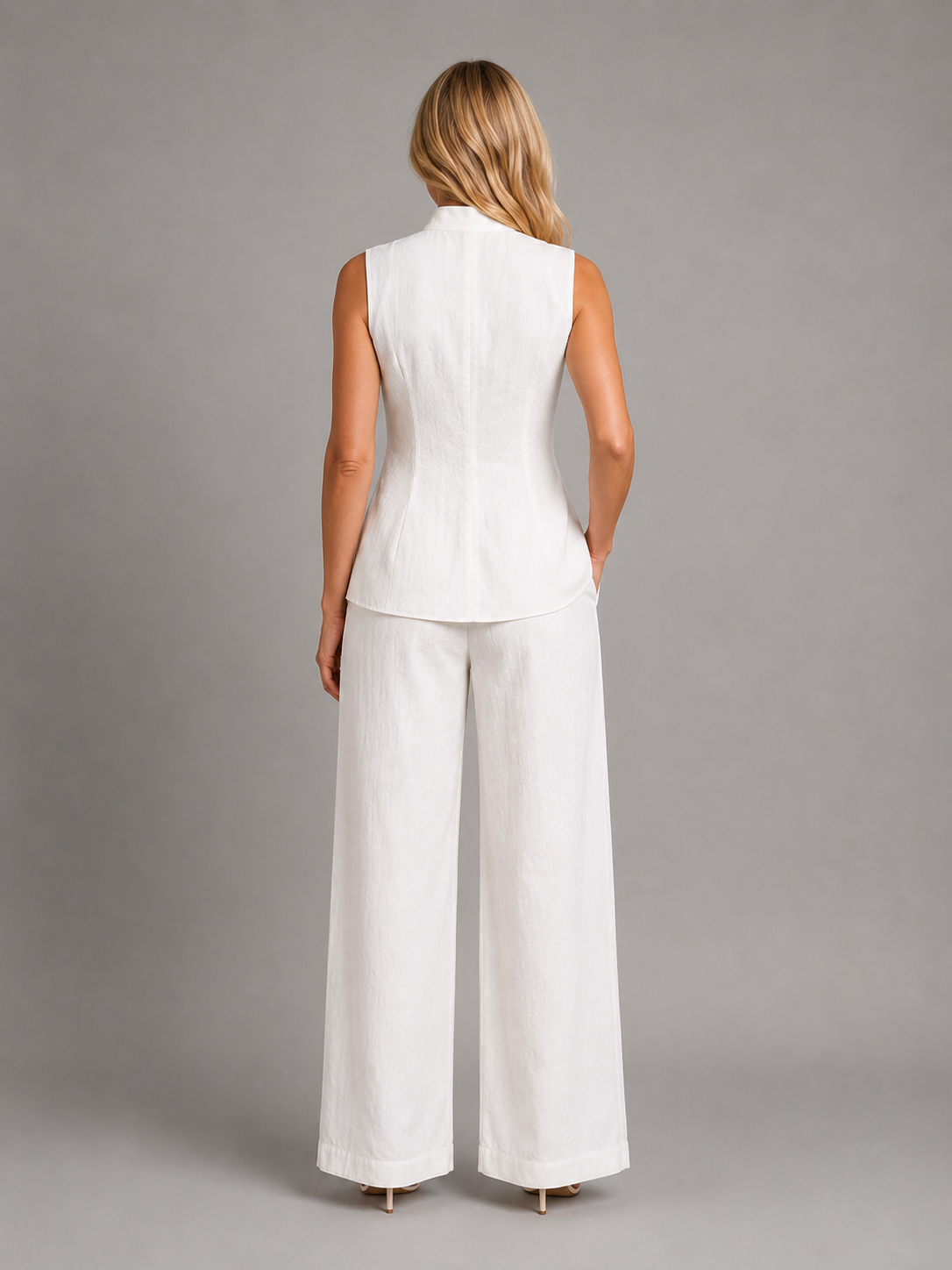 Sleeveless Band Collar Top and Wide Leg Pants Two Piece Set 2