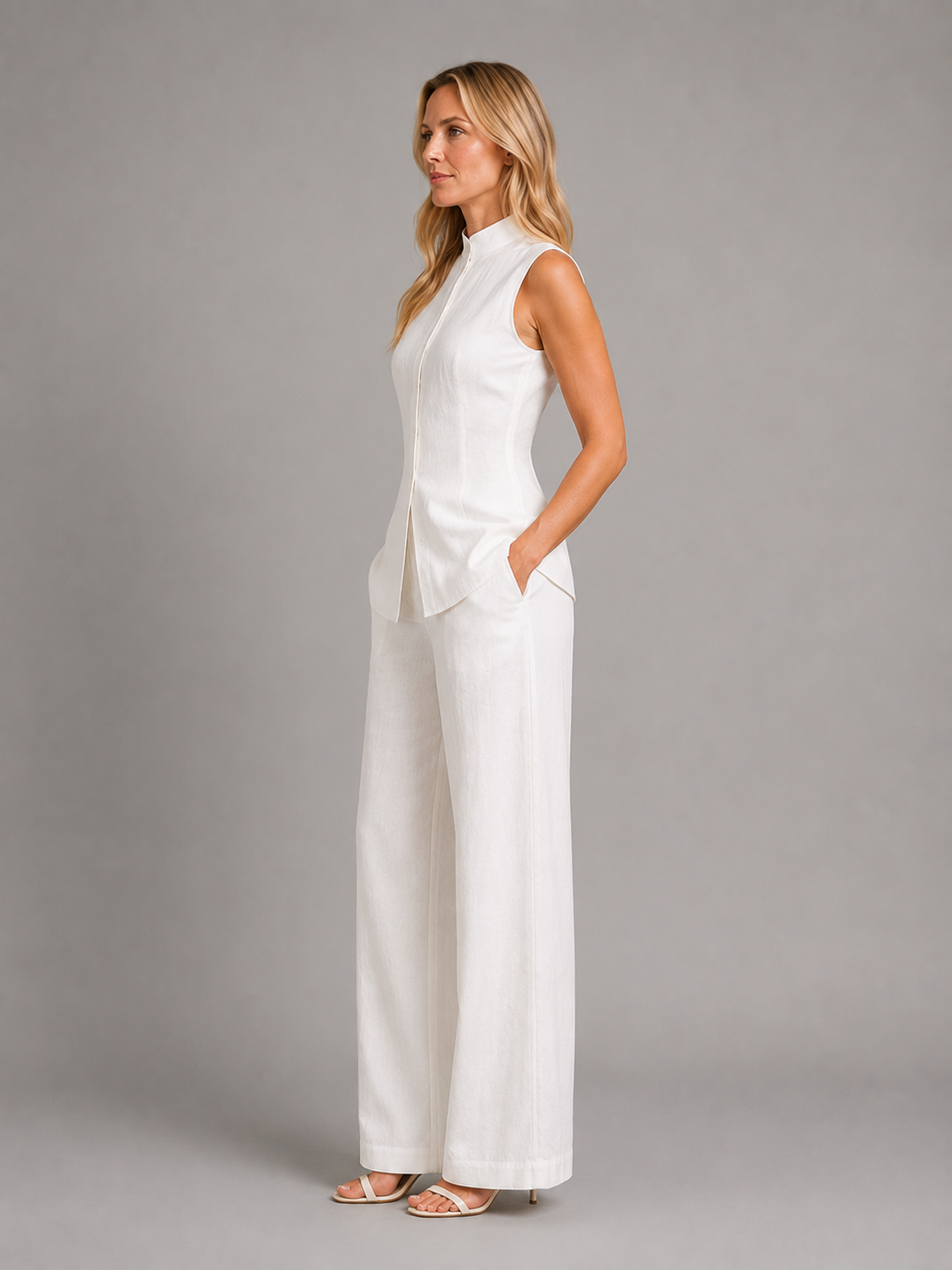 Sleeveless Band Collar Top and Wide Leg Pants Two Piece Set 3