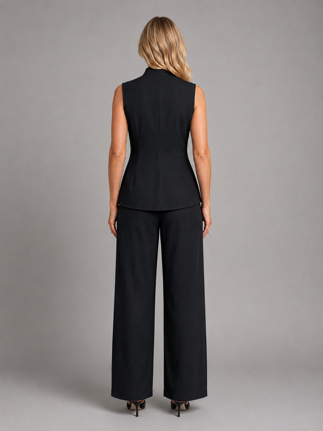 Sleeveless Band Collar Top and Wide Leg Pants Two Piece Set 6