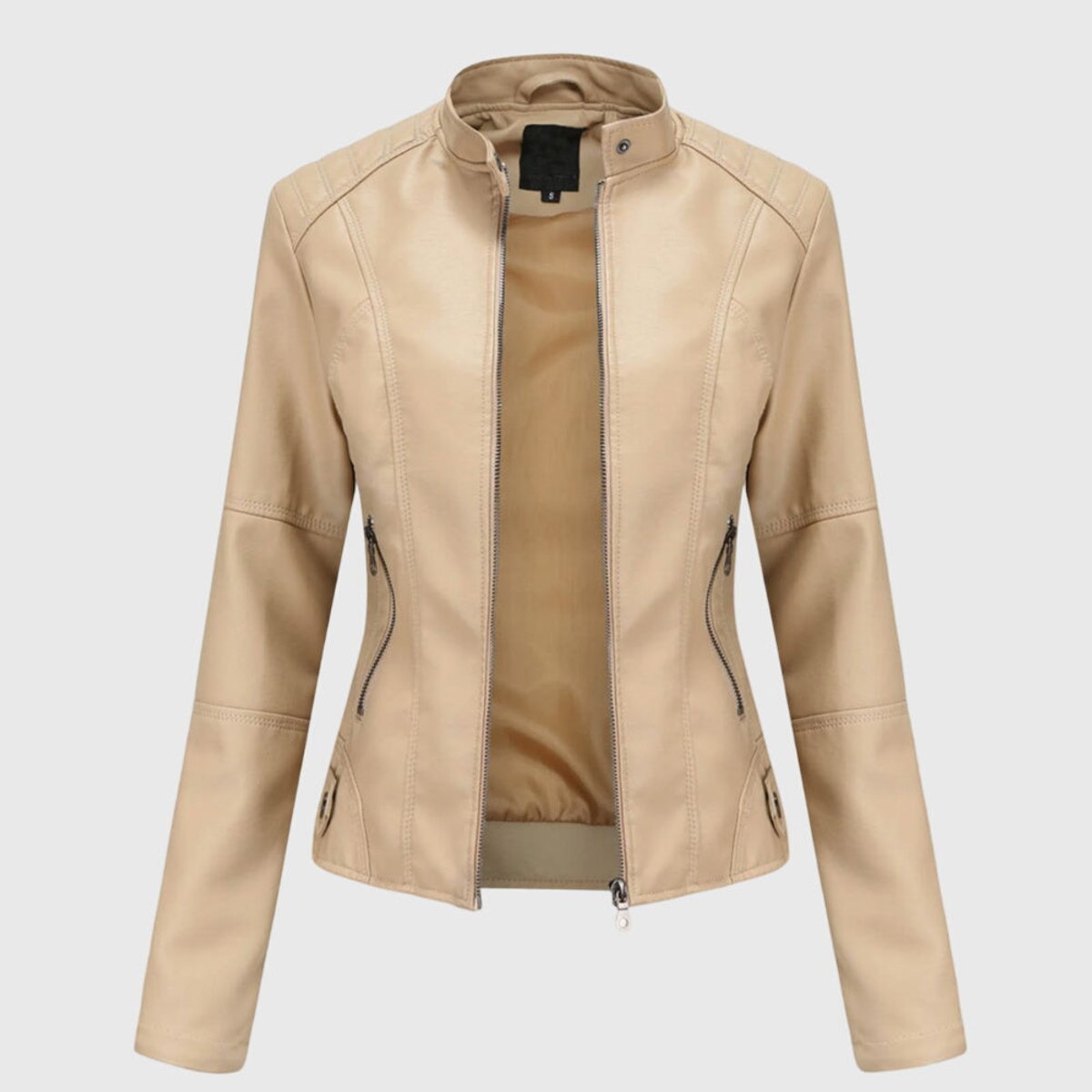 Faux Leather Stand Collar Zip Front Moto Jacket 4