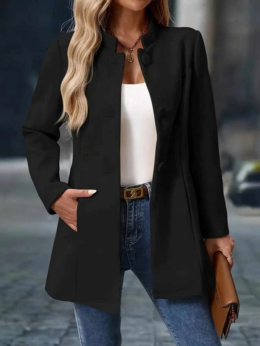 Stand Collar Button Front Longline Blazer Coat 2