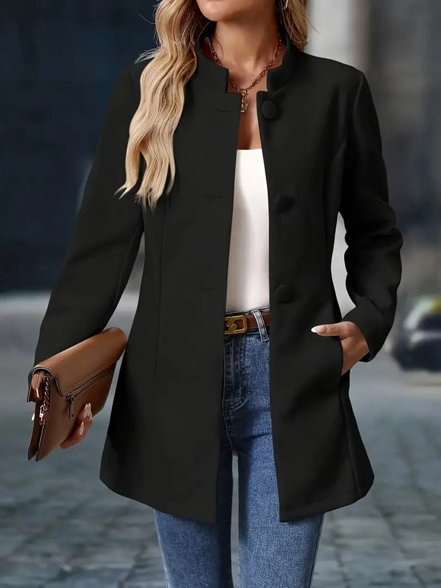 Stand Collar Button Front Longline Blazer Coat 6