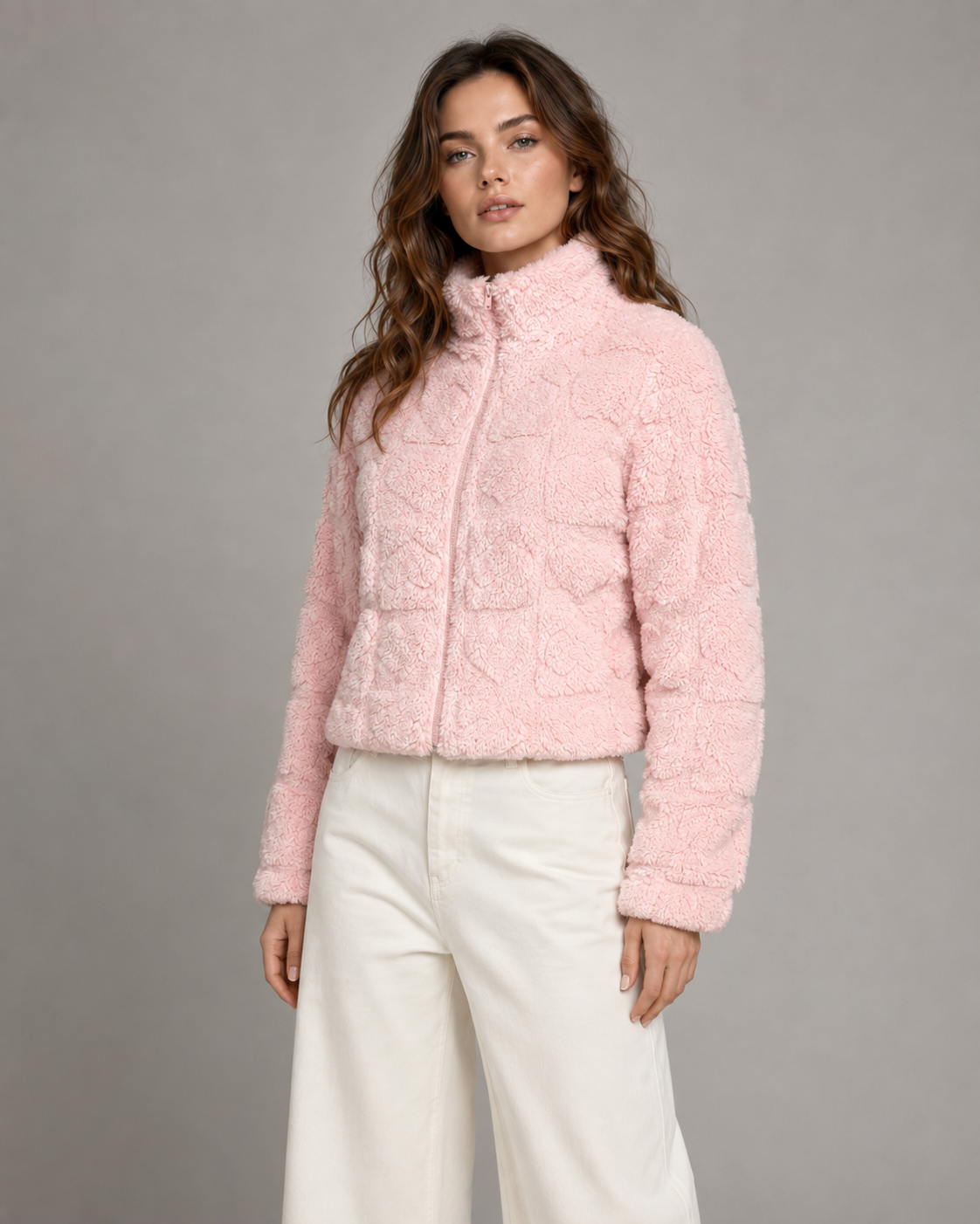 Heart Textured Funnel Neck Zip Up Teddy Fleece Jacket 4