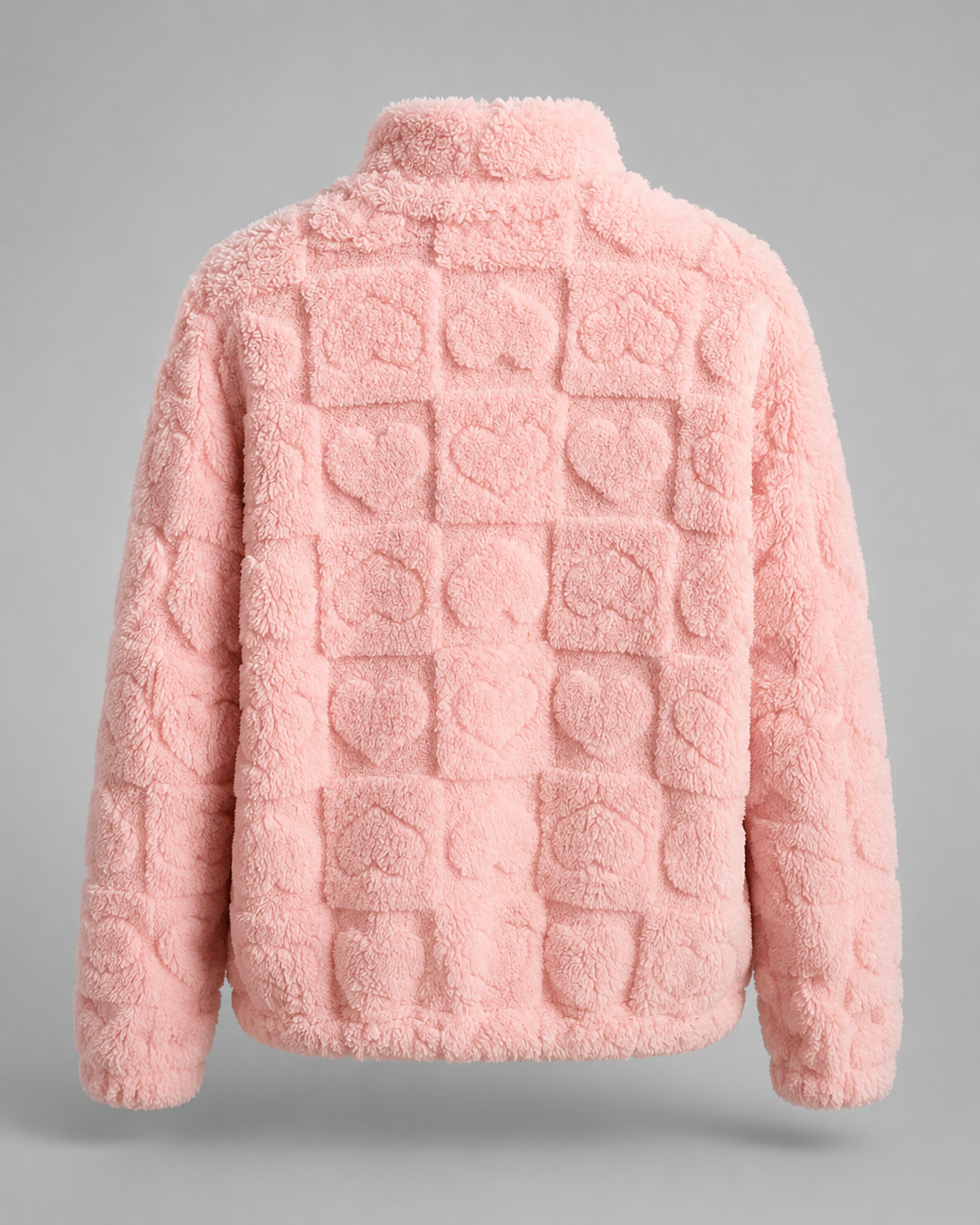 Heart Textured Funnel Neck Zip Up Teddy Fleece Jacket 6
