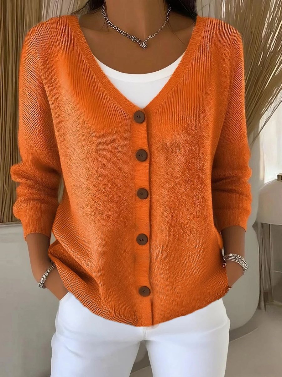 V-Neck Button Front Long Sleeve Ribbed Knit Cardigan