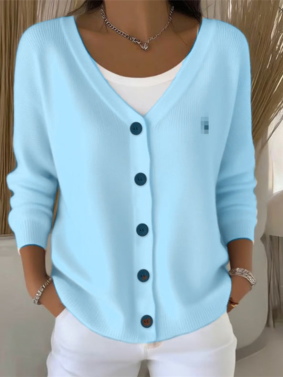 V-Neck Button Front Long Sleeve Ribbed Knit Cardigan 2