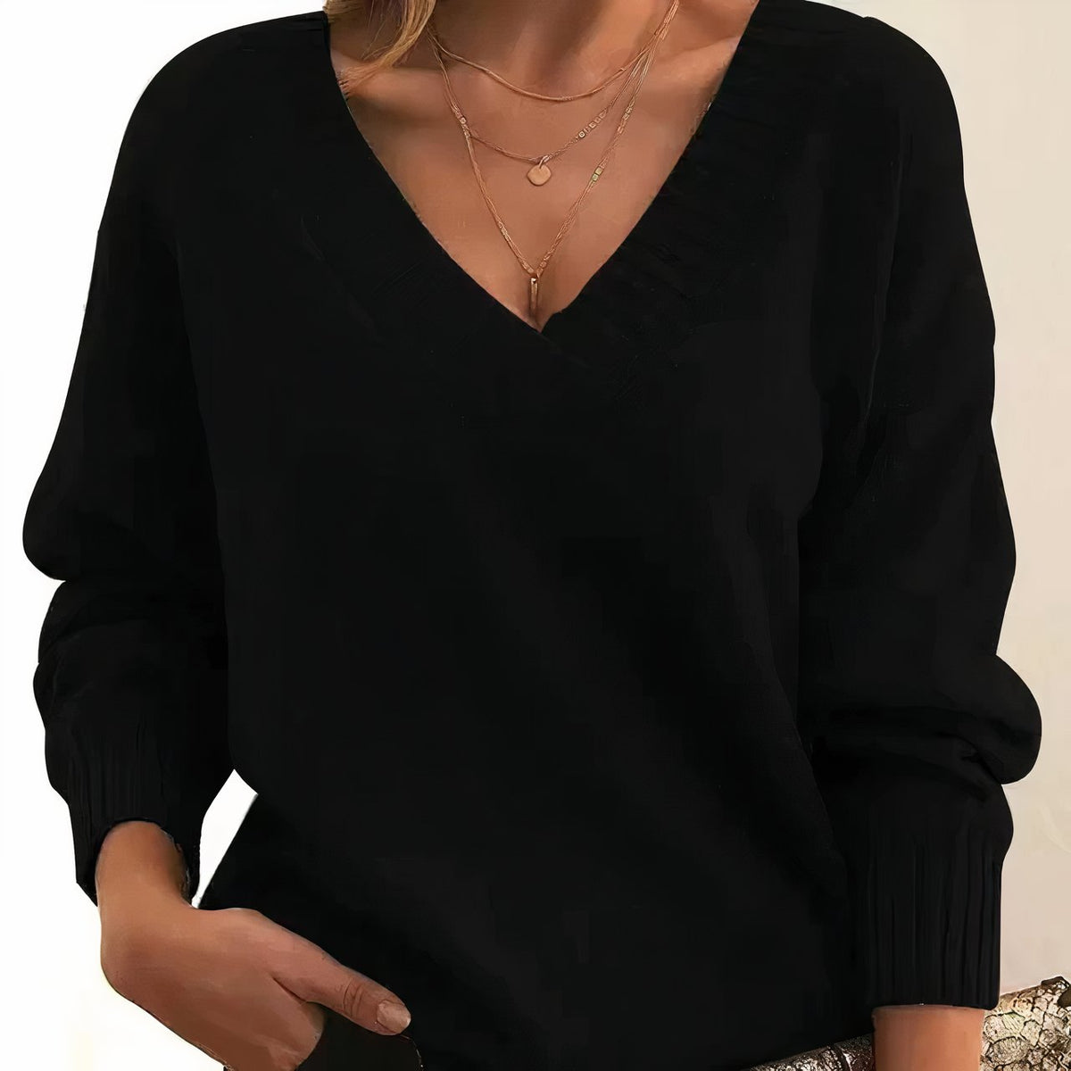 V-Neck Long Sleeve Drop Shoulder Knit Sweater